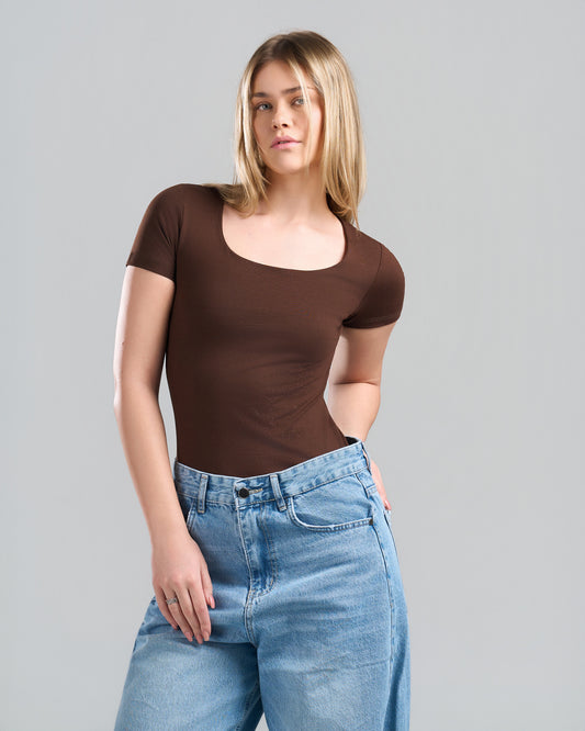 SquareNeck Short Sleeve Brown Top
