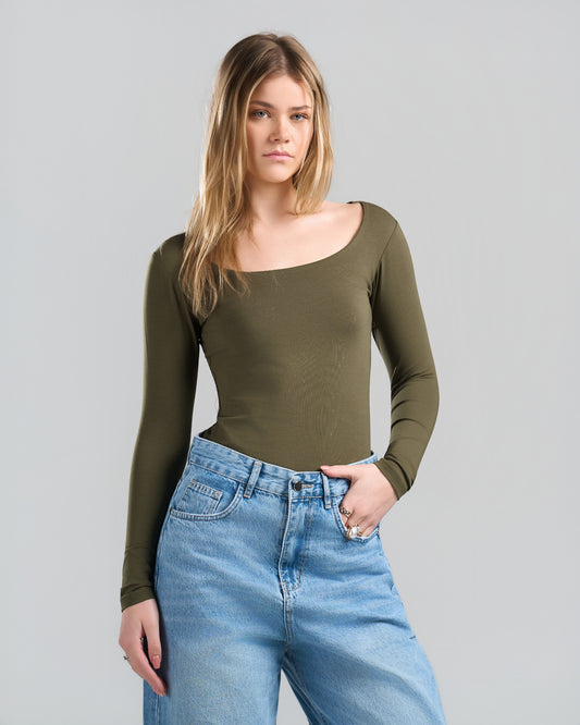 SquareNeck Long Sleeve OliveGreen Top