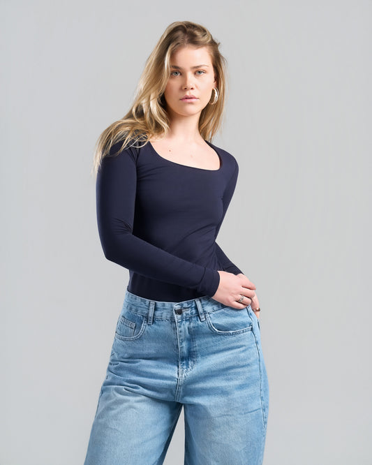 SquareNeck Long Sleeve NavyBlue Top