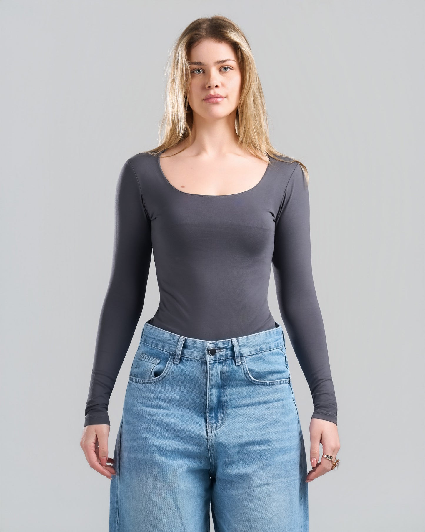 Square Neck Long Sleeve DarkGrey Top