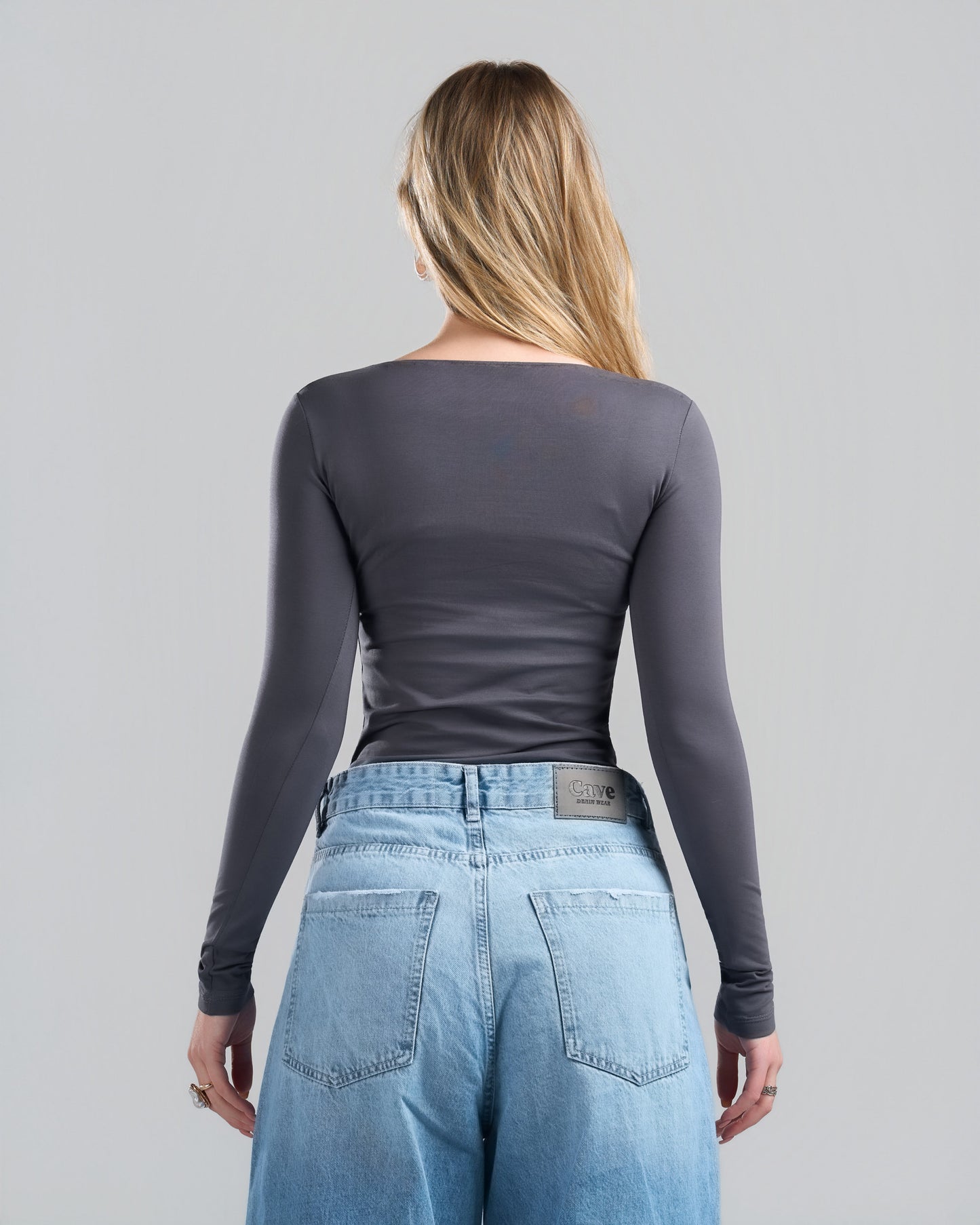Square Neck Long Sleeve DarkGrey Top