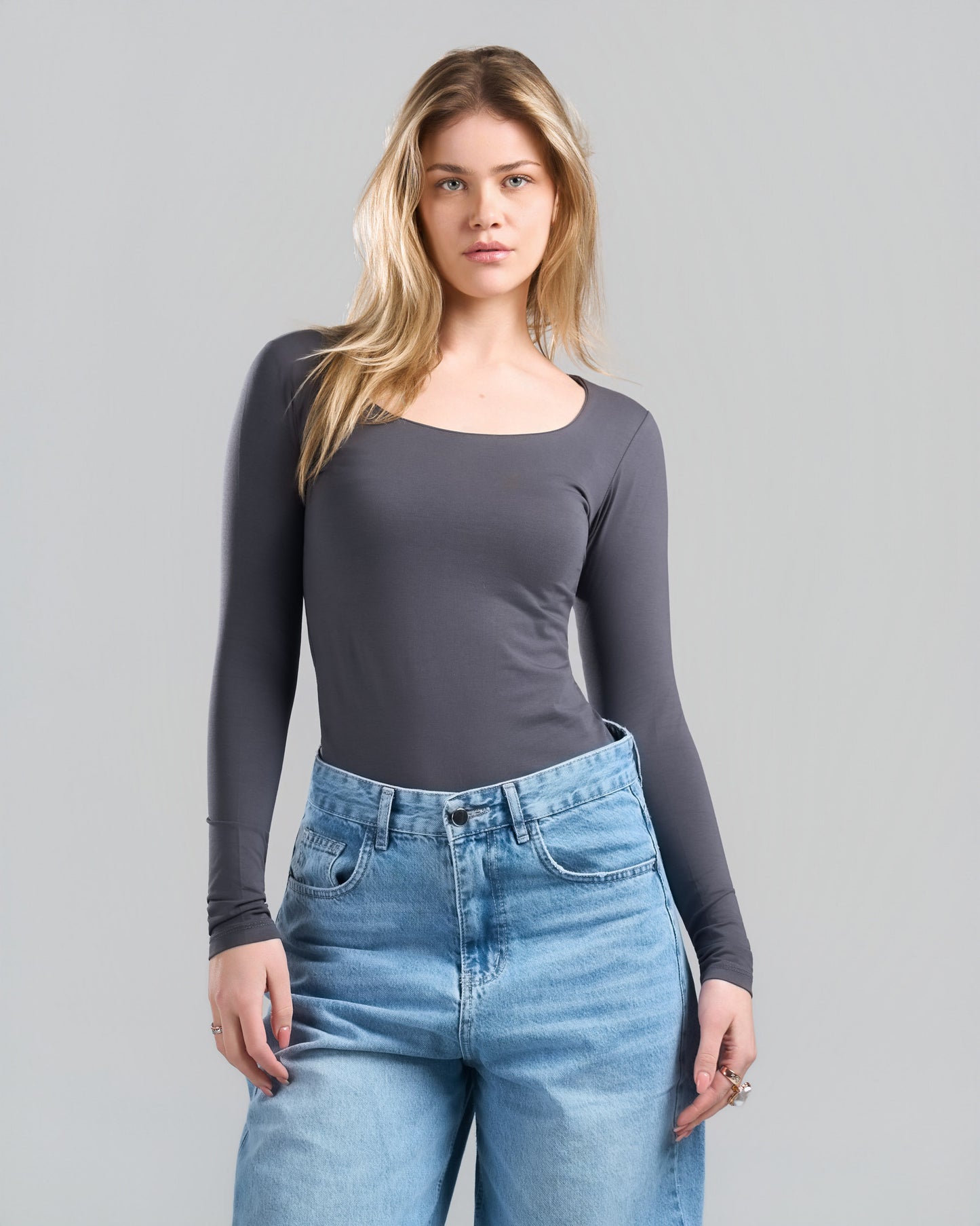Square Neck Long Sleeve DarkGrey Top