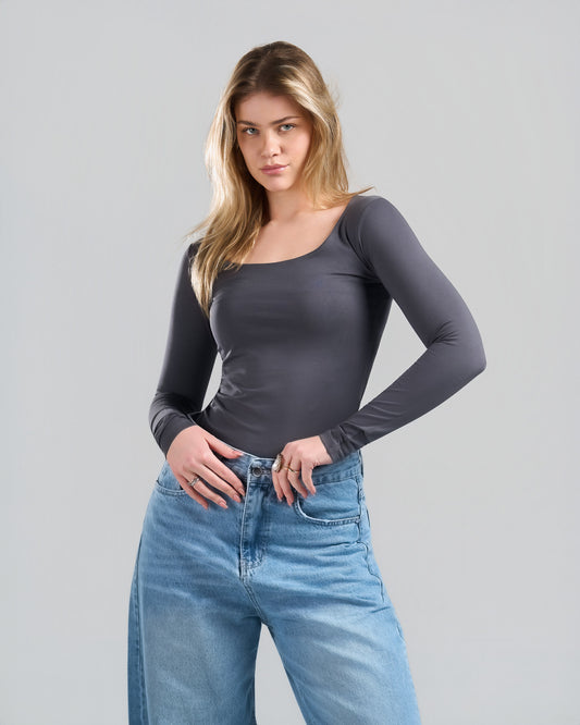 Square Neck Long Sleeve DarkGrey Top