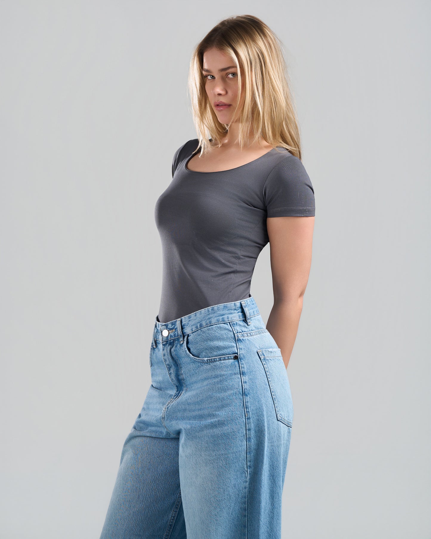 SquareNeck Short Sleeve DarkGrey Top