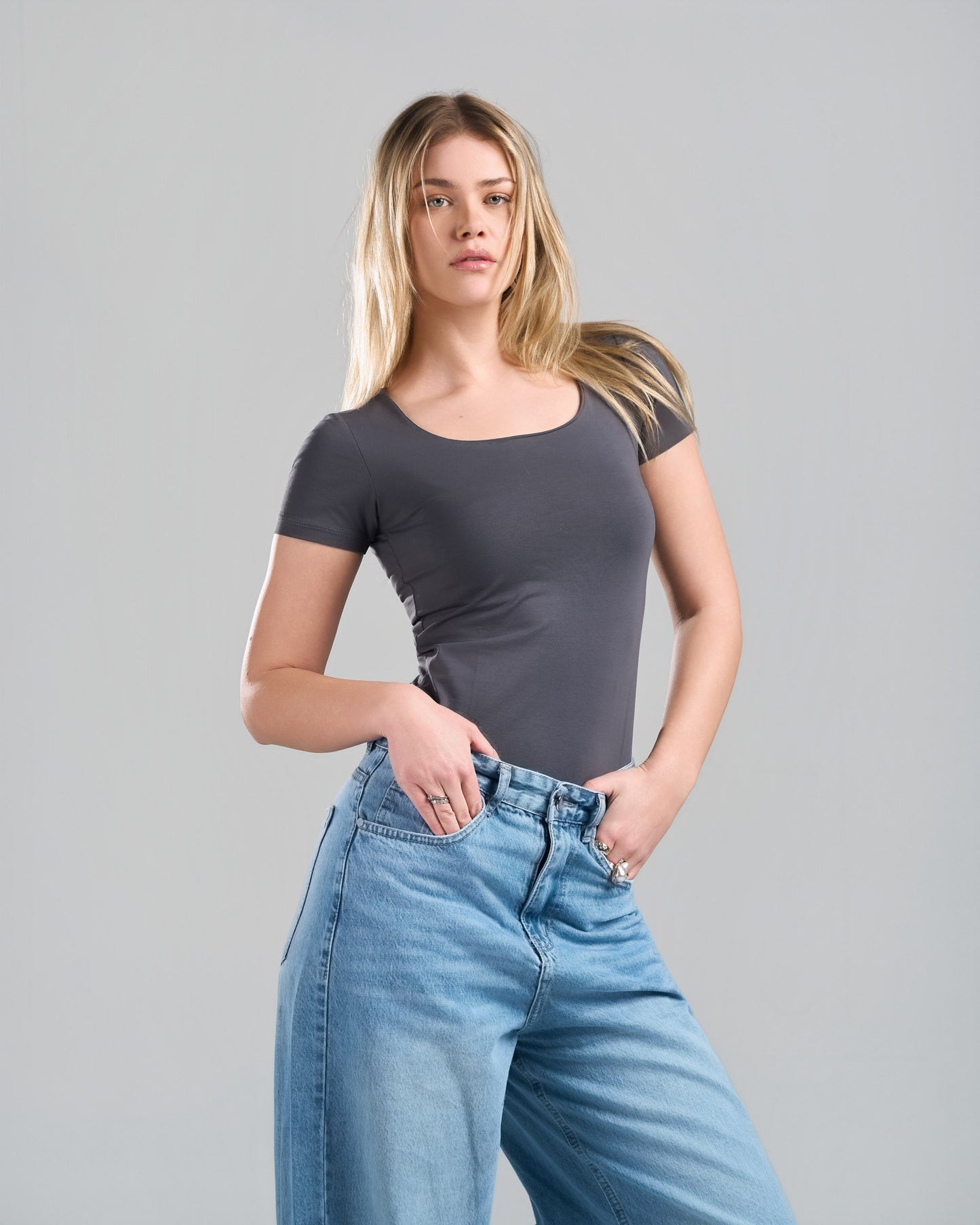 SquareNeck Short Sleeve DarkGrey Top