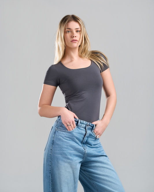 SquareNeck Short Sleeve DarkGrey Top