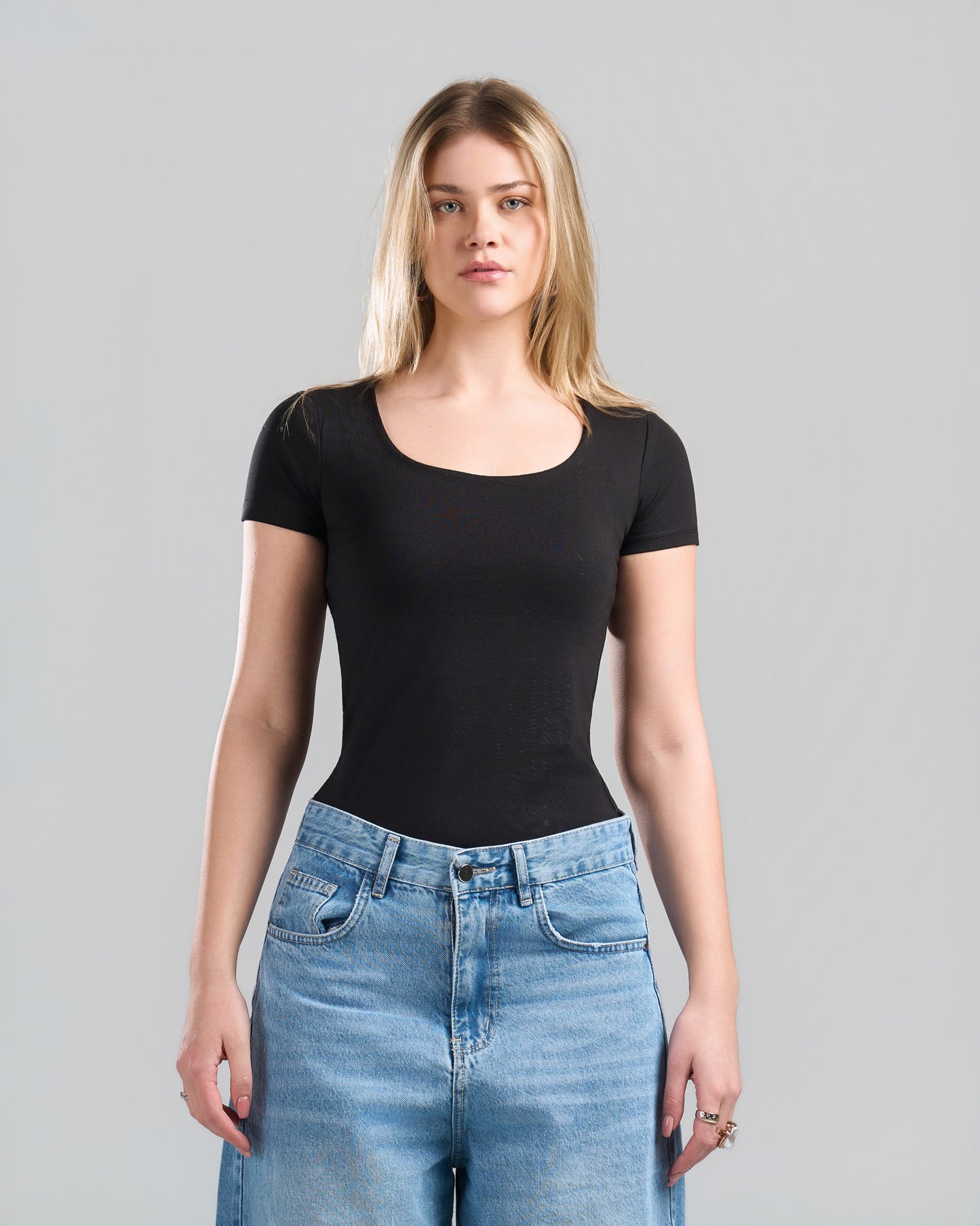 SquareNeck Short Sleeve Black Top