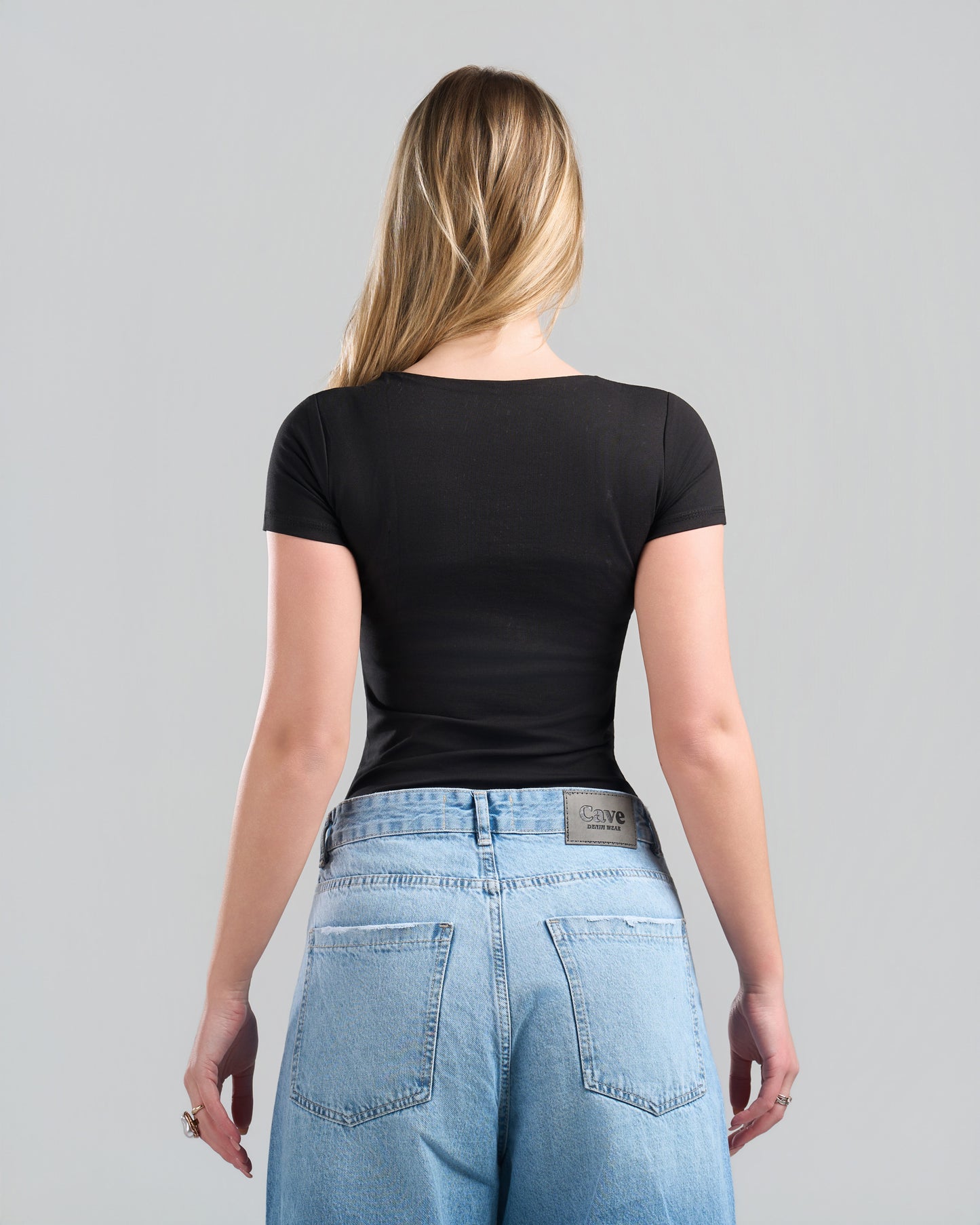 SquareNeck Short Sleeve Black Top