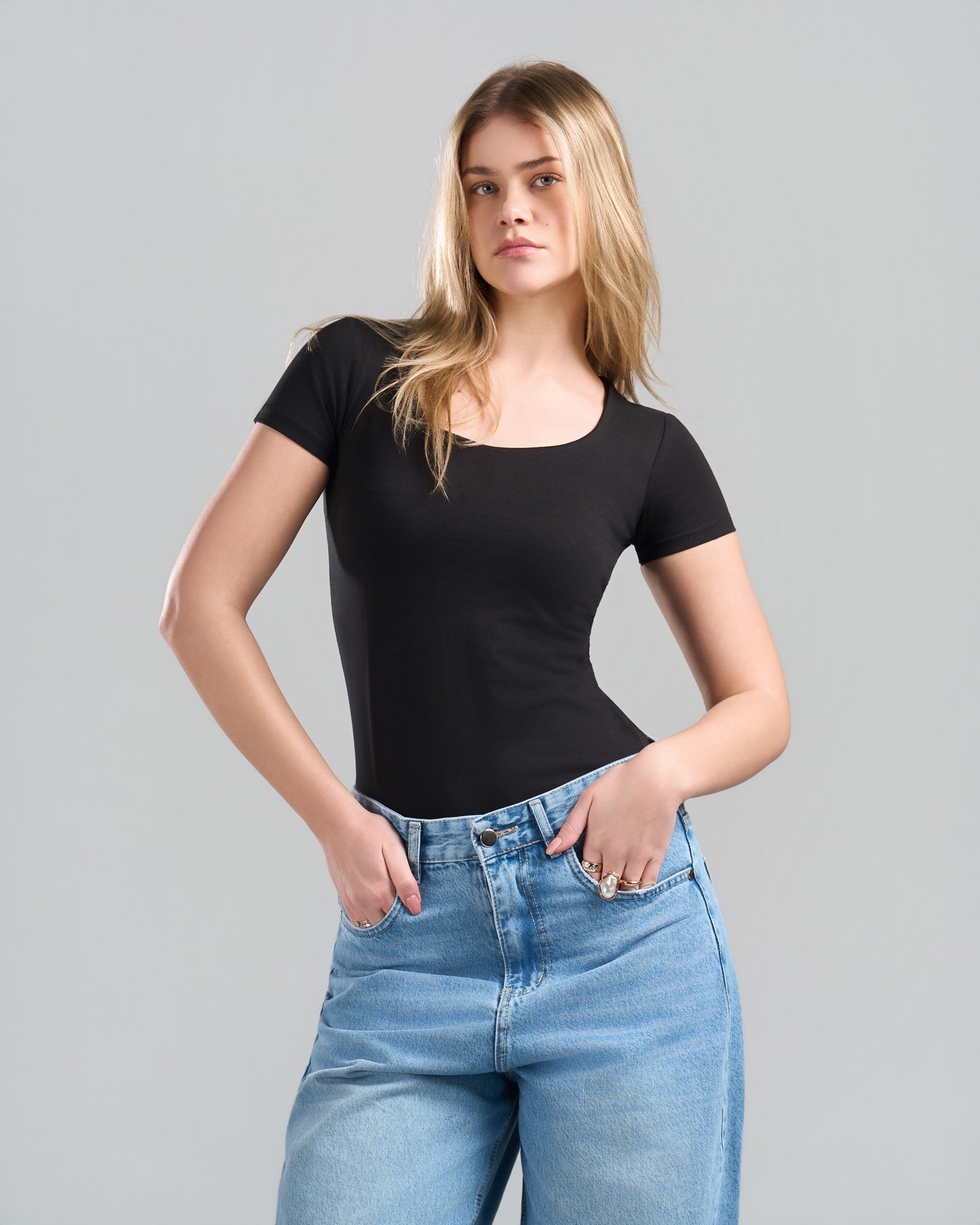 SquareNeck Short Sleeve Black Top
