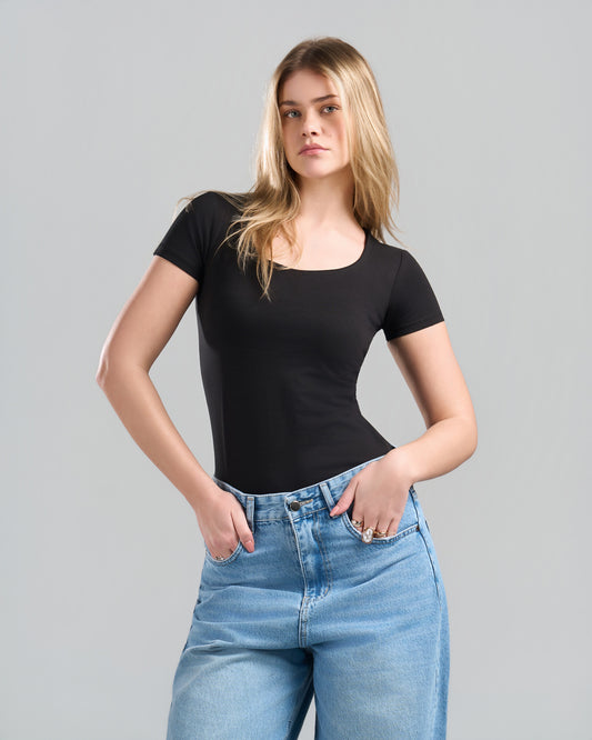 SquareNeck Short Sleeve Black Top