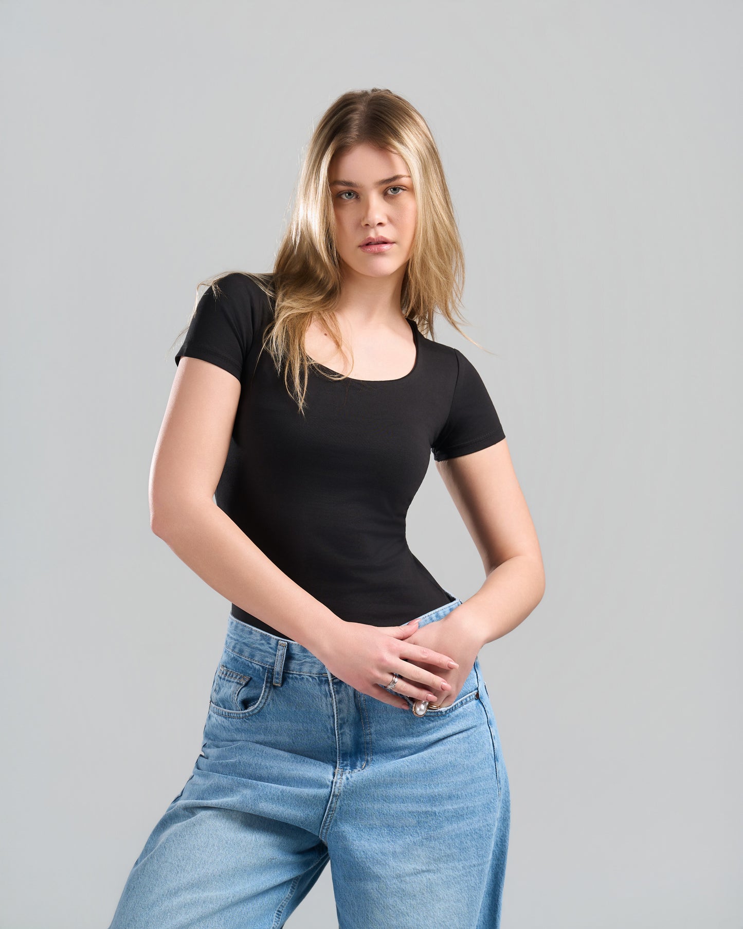 SquareNeck Short Sleeve Black Top