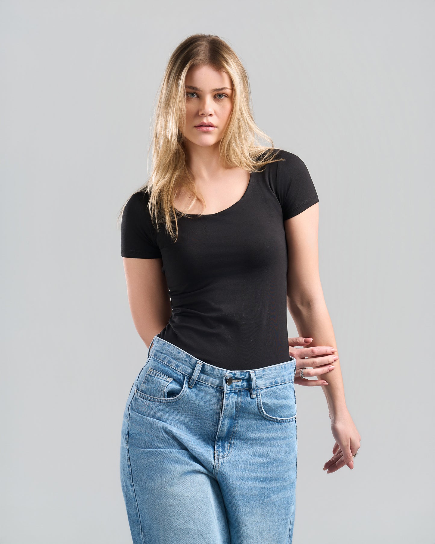 SquareNeck Short Sleeve Black Top