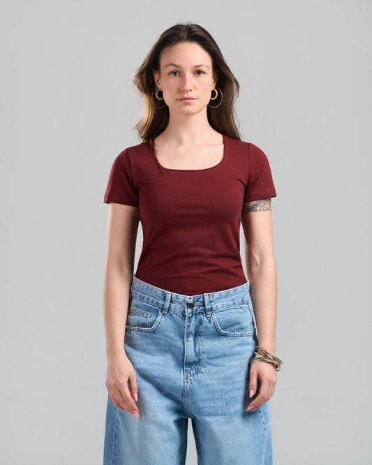 SquareNeck Short Sleeve Burgundy Top