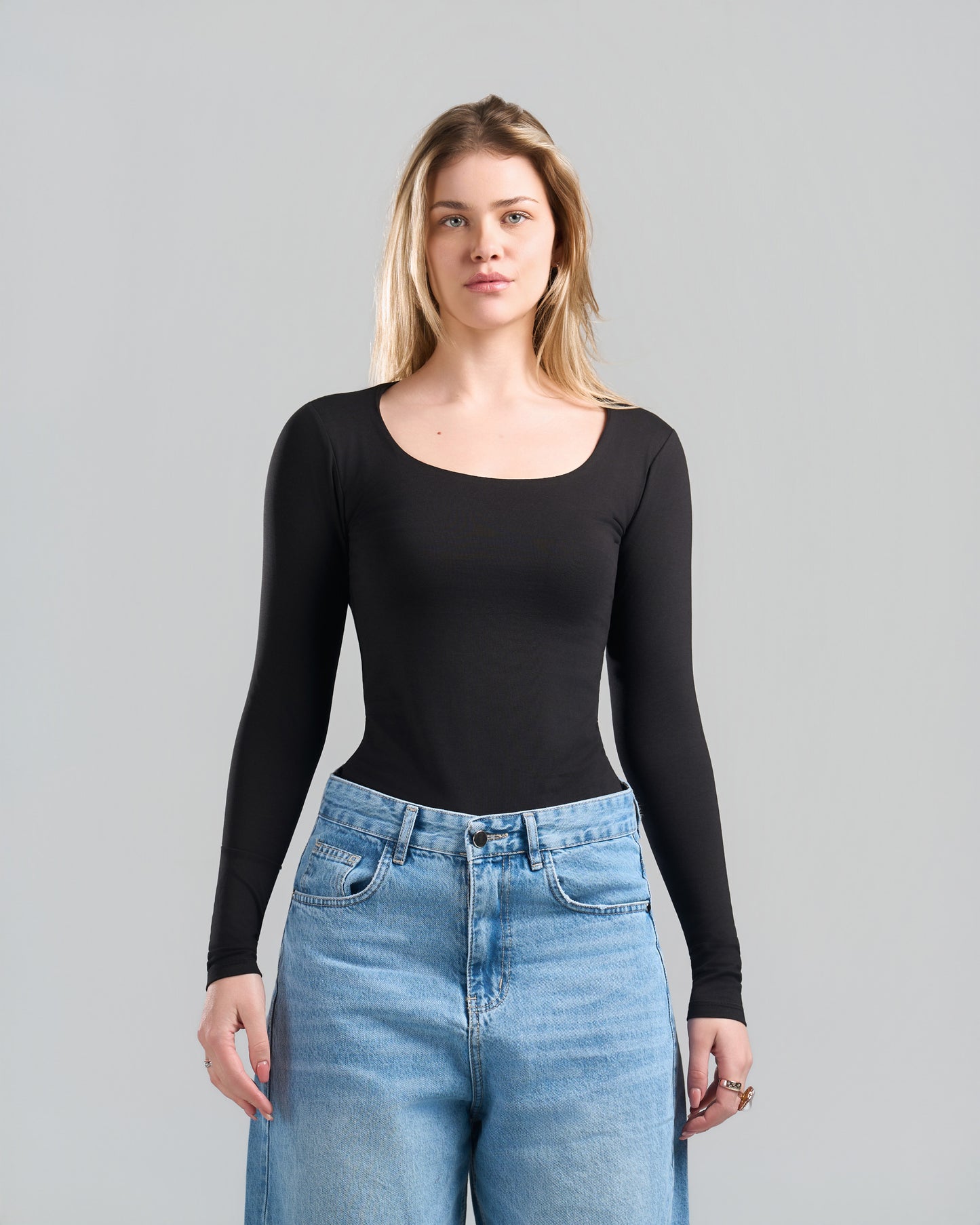 Square Neck Long Sleeve Black Top