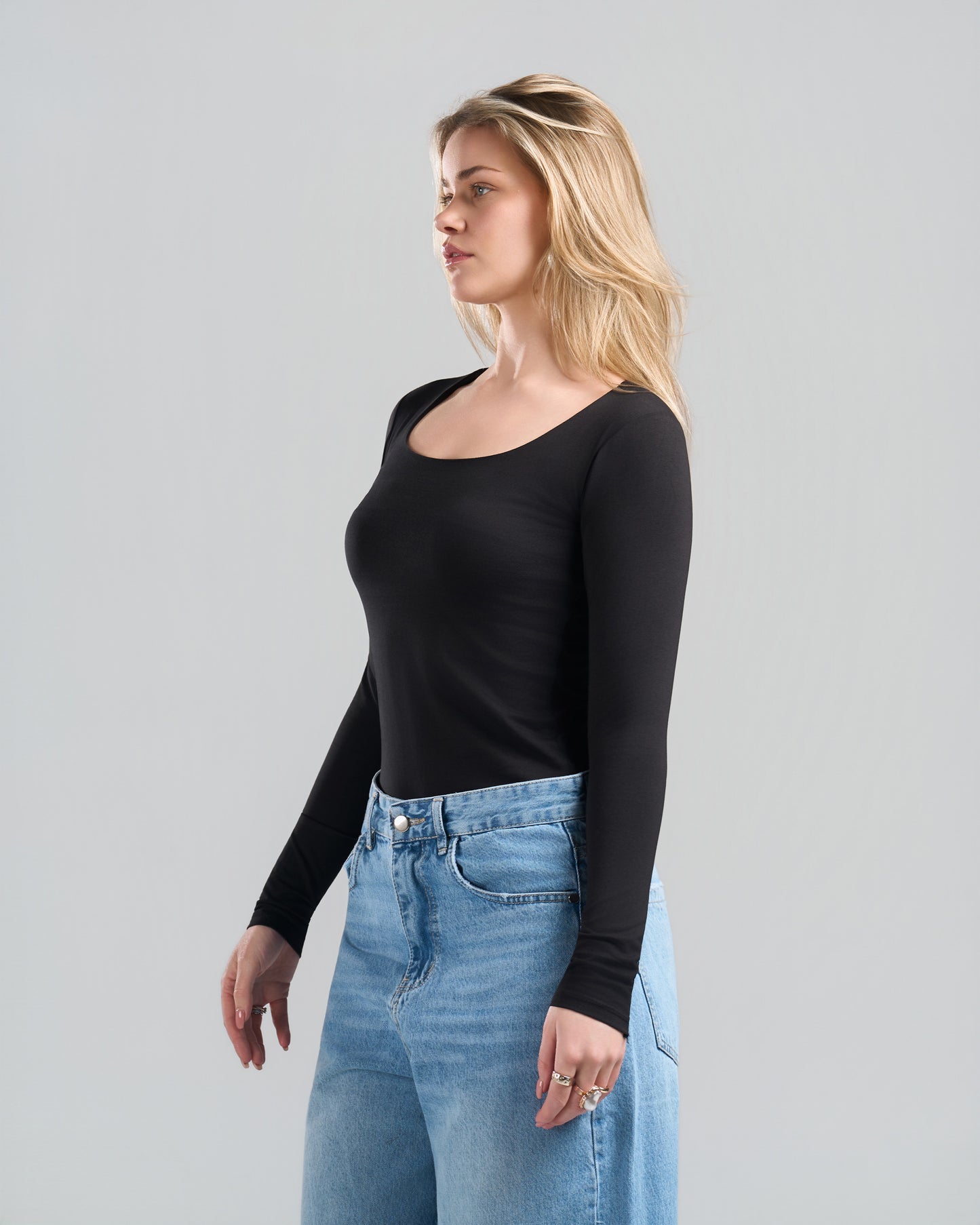 Square Neck Long Sleeve Black Top