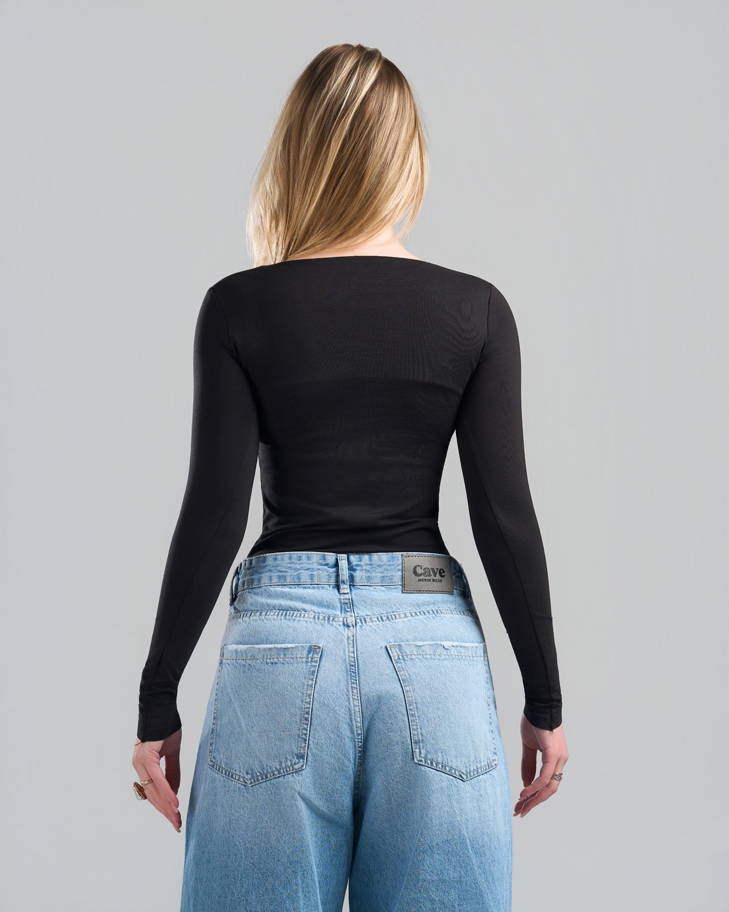 Square Neck Long Sleeve Black Top