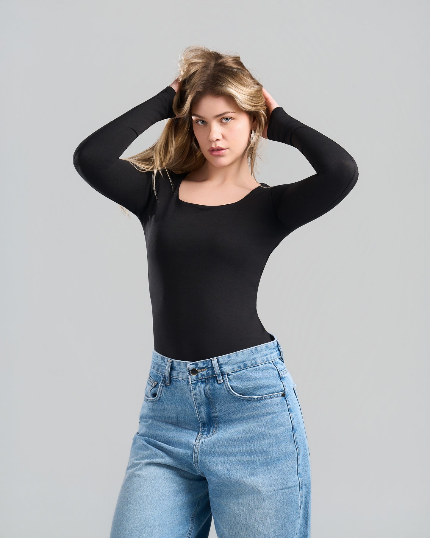 Square Neck Long Sleeve Black Top