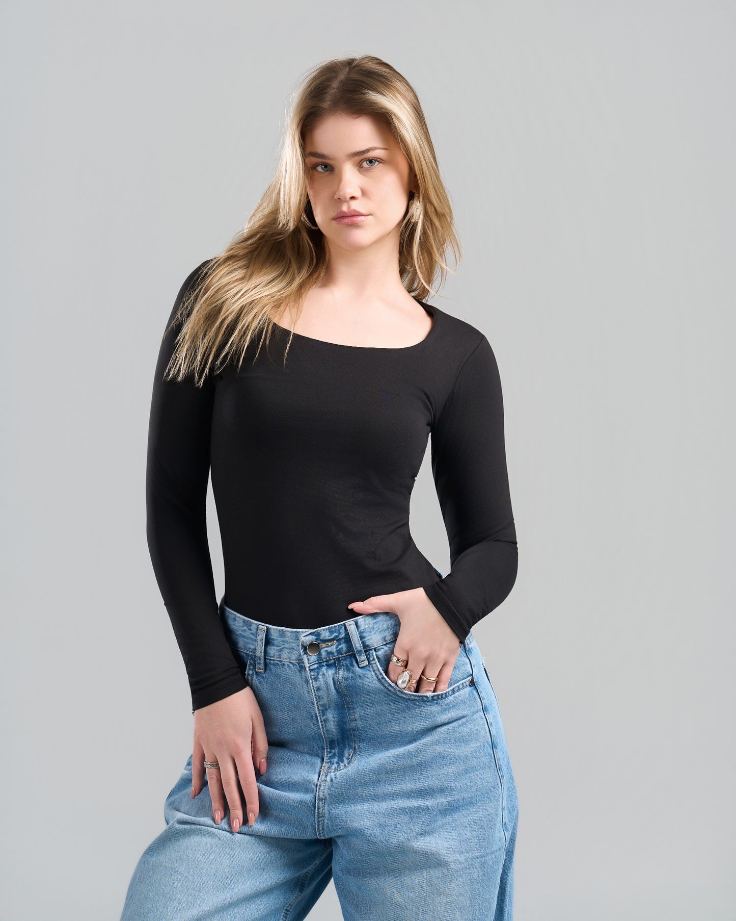 Square Neck Long Sleeve Black Top