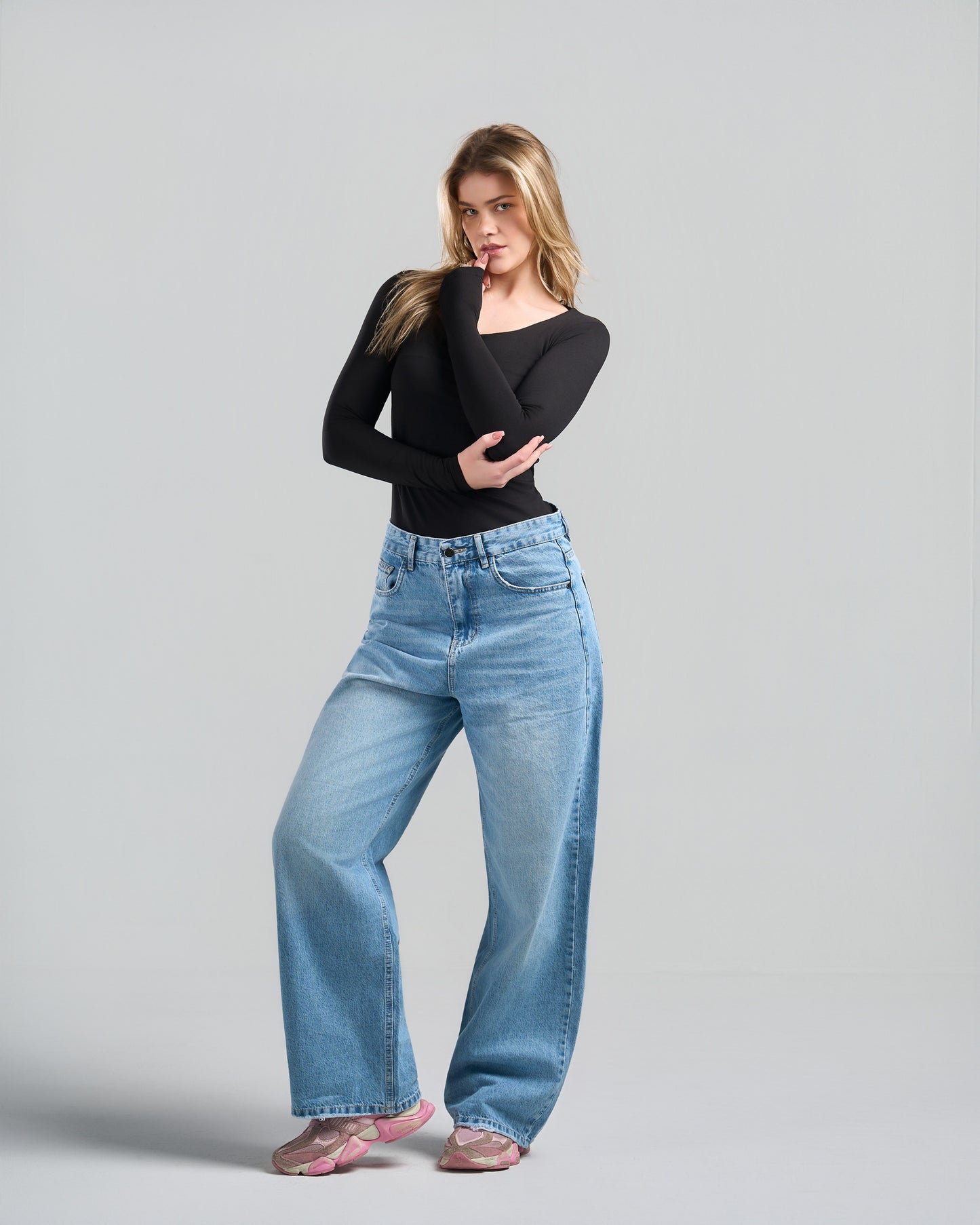 Square Neck Long Sleeve Black Top