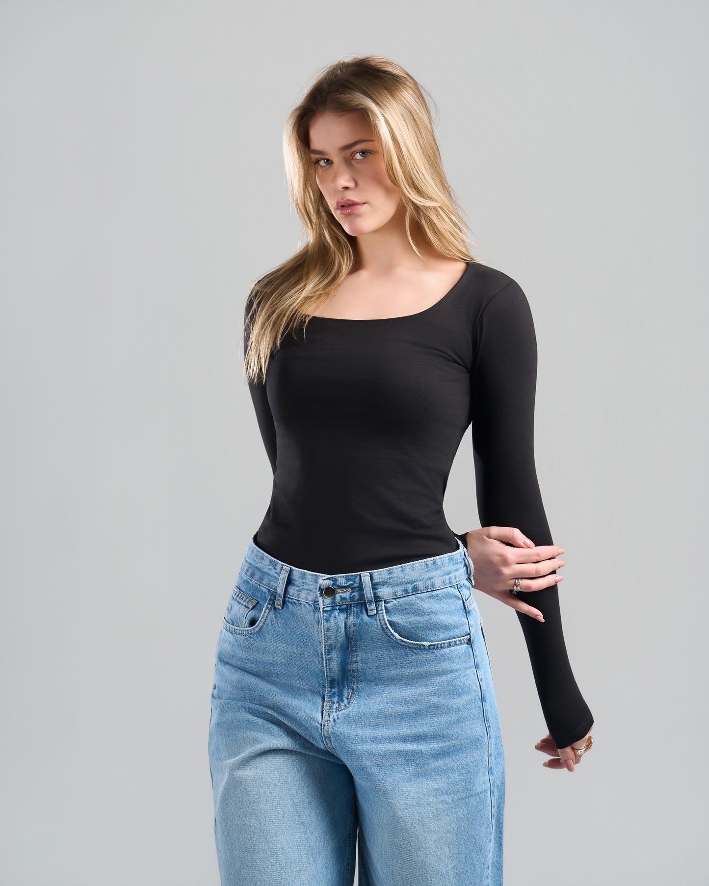 Square Neck Long Sleeve Black Top