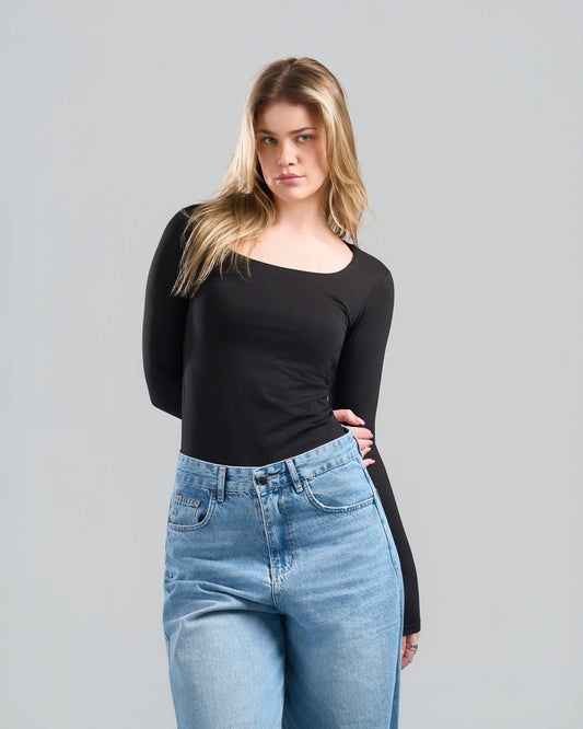 Square Neck Long Sleeve Black Top