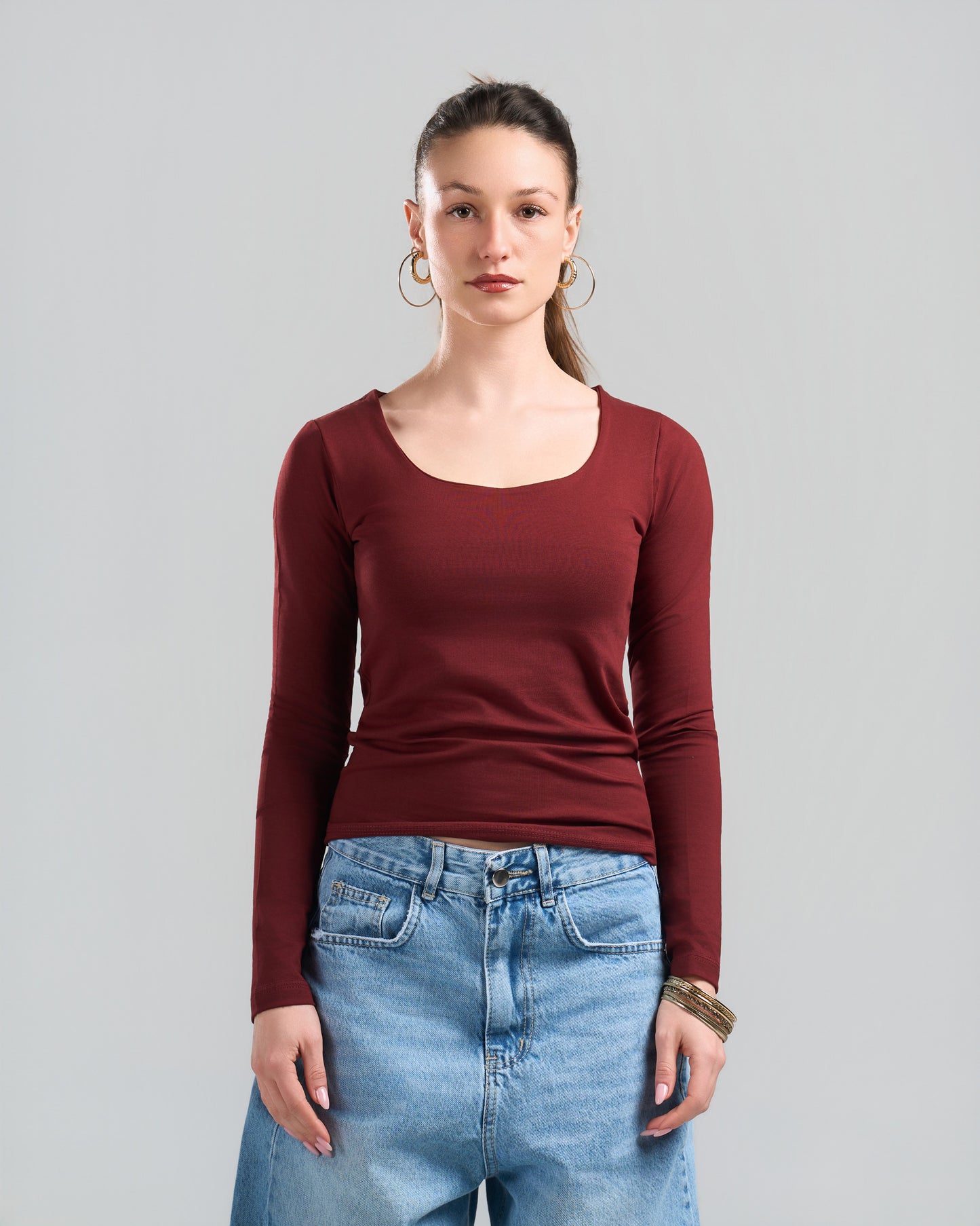 Square Neck Long Sleeve Burgundy Top