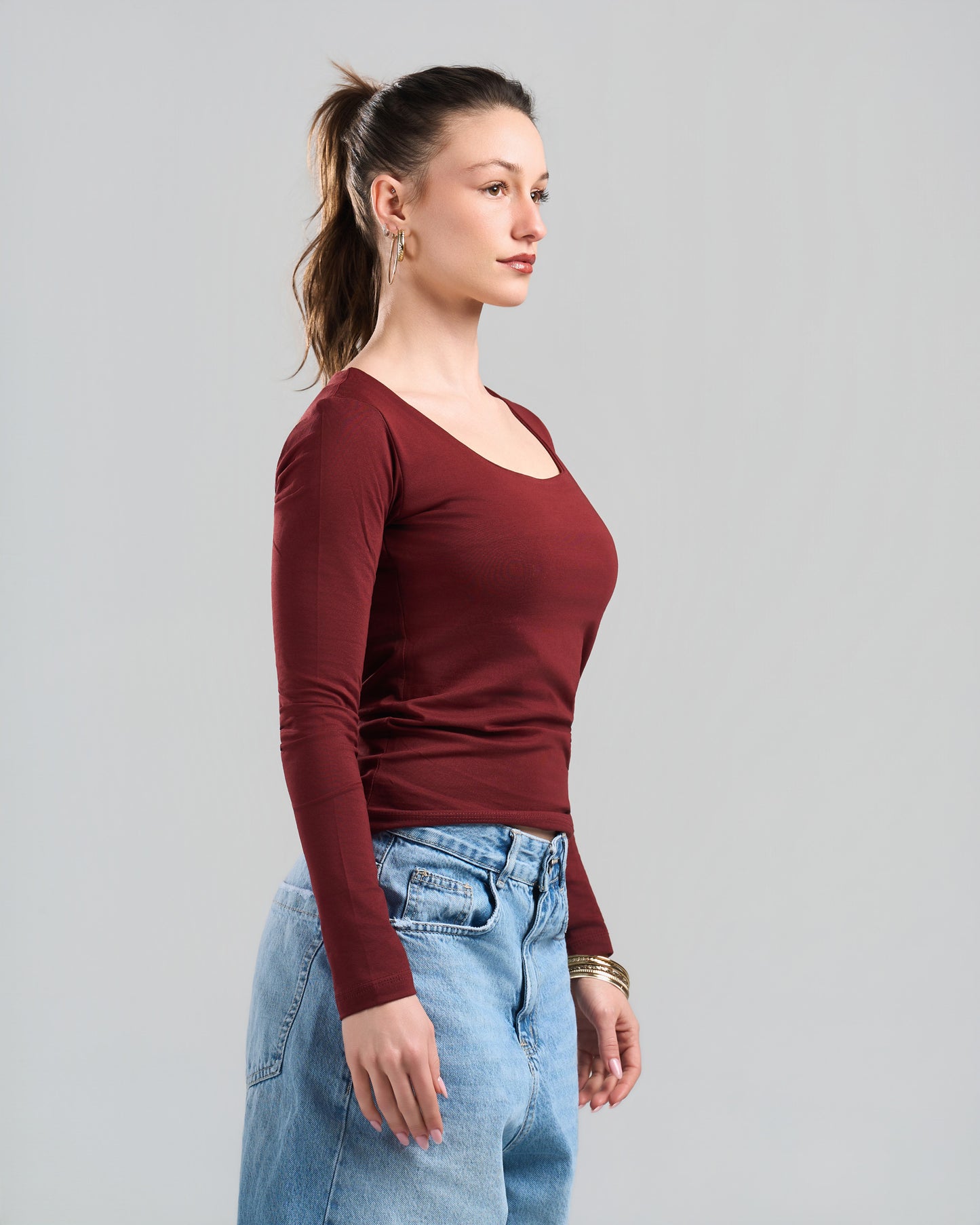 Square Neck Long Sleeve Burgundy Top