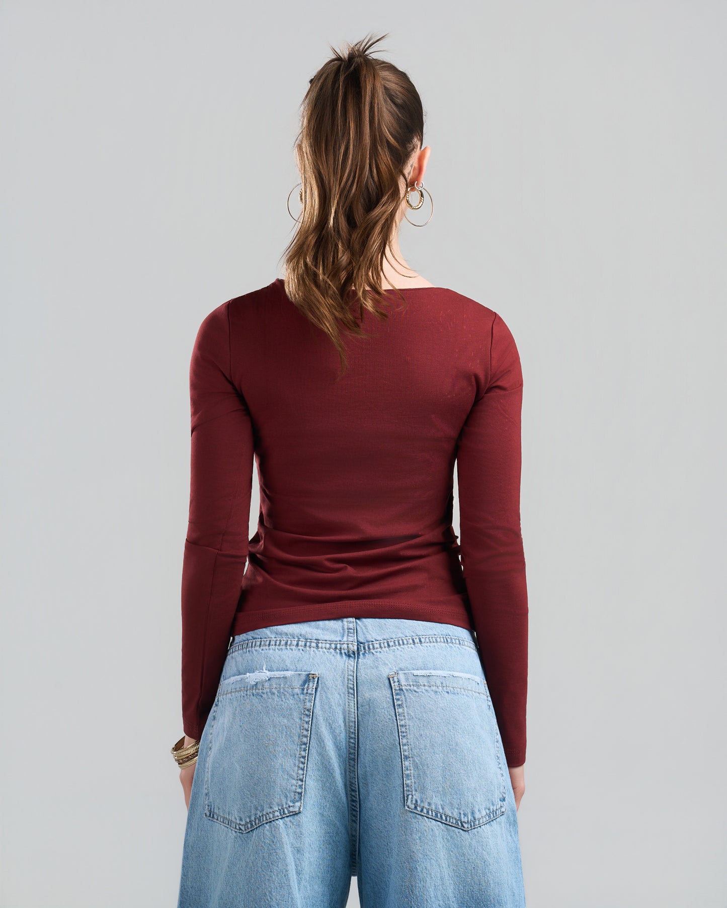 Square Neck Long Sleeve Burgundy Top