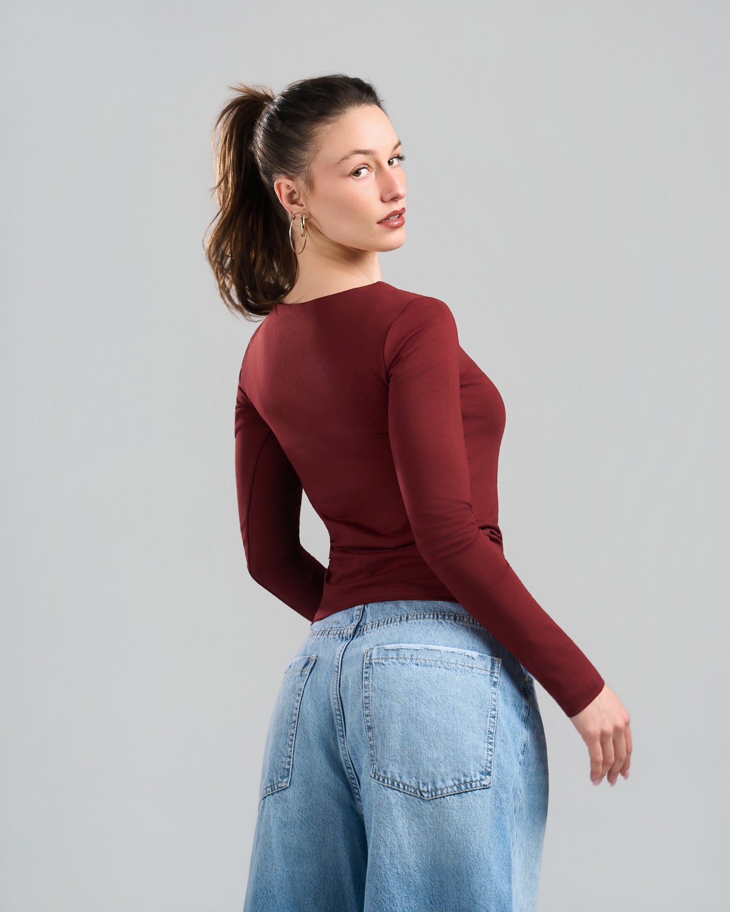 Square Neck Long Sleeve Burgundy Top