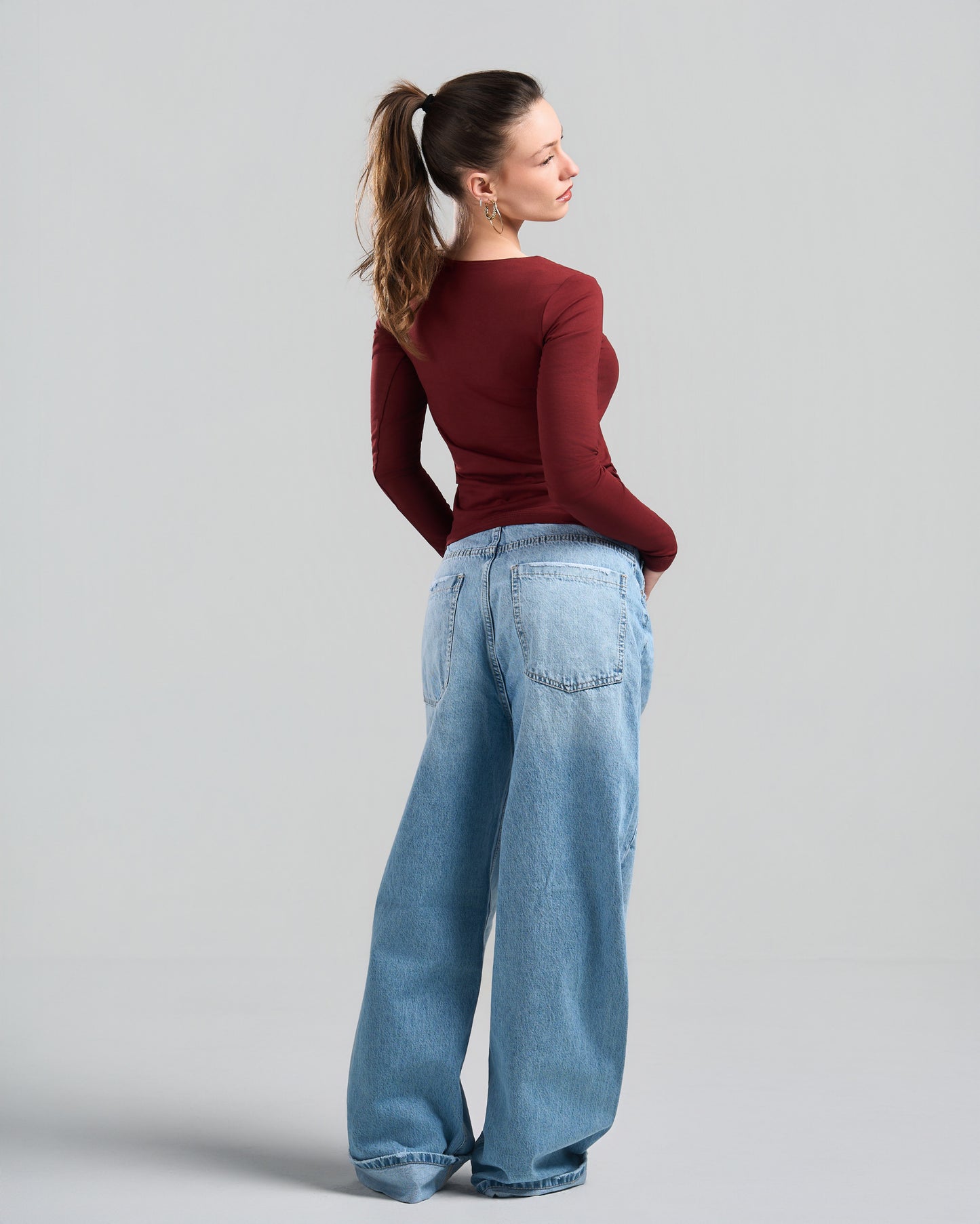 Square Neck Long Sleeve Burgundy Top