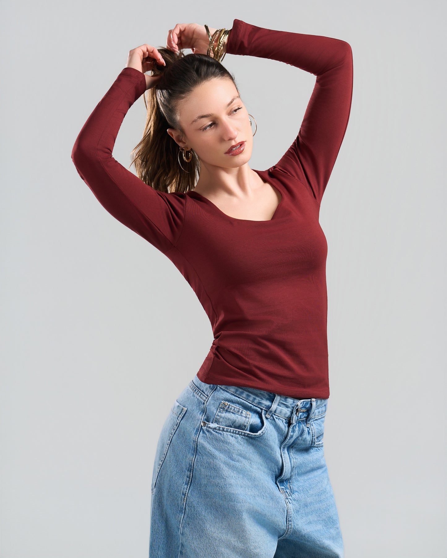 Square Neck Long Sleeve Burgundy Top