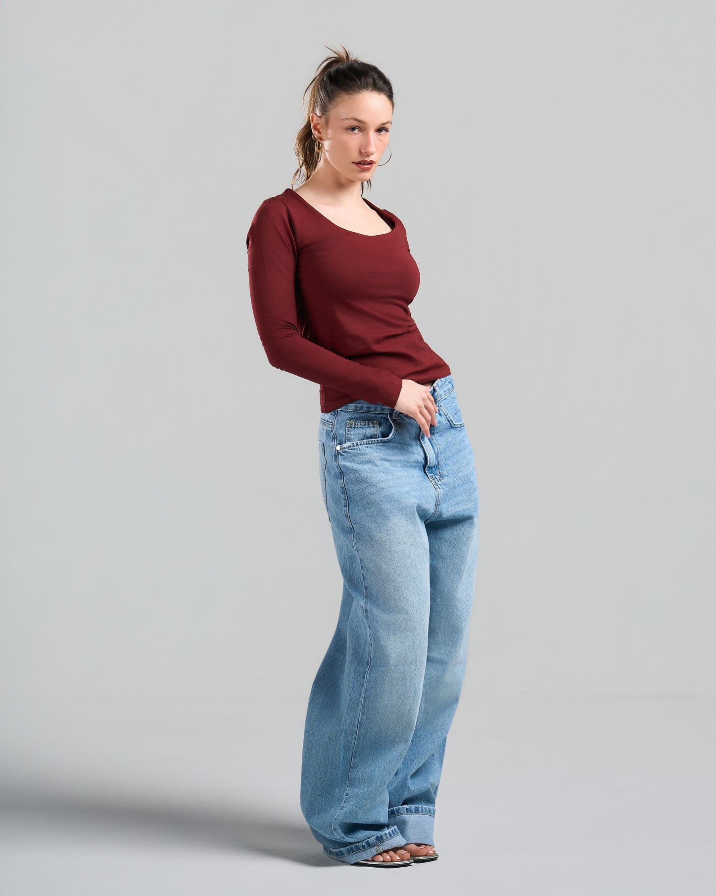 Square Neck Long Sleeve Burgundy Top