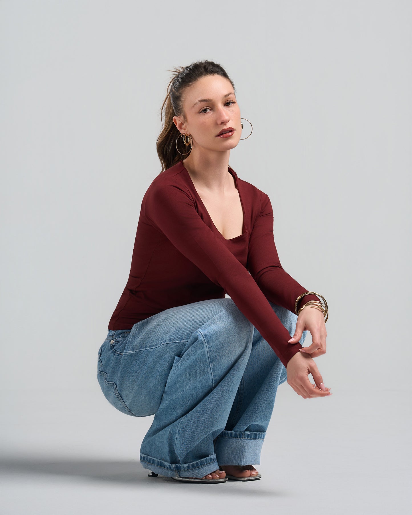 Square Neck Long Sleeve Burgundy Top