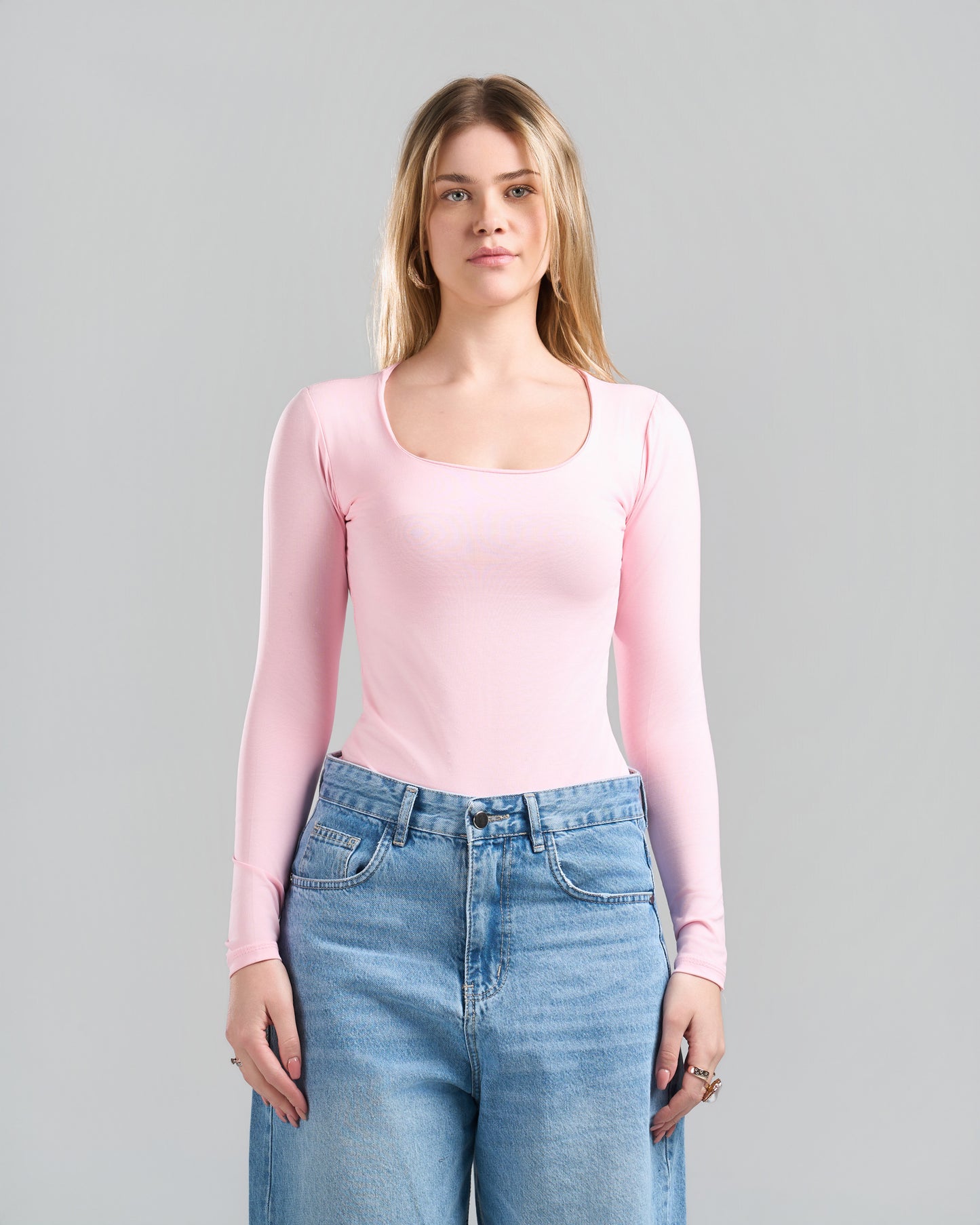 Square Neck Long Sleeve Pink Top