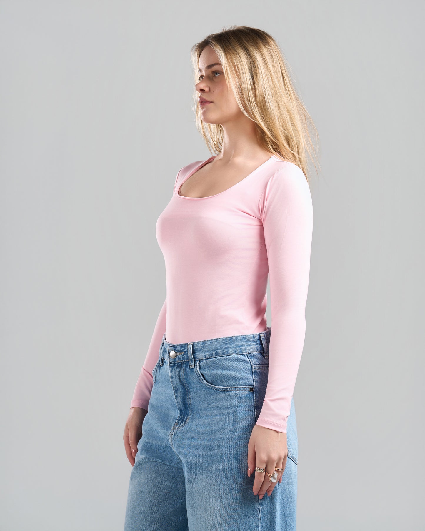 Square Neck Long Sleeve Pink Top