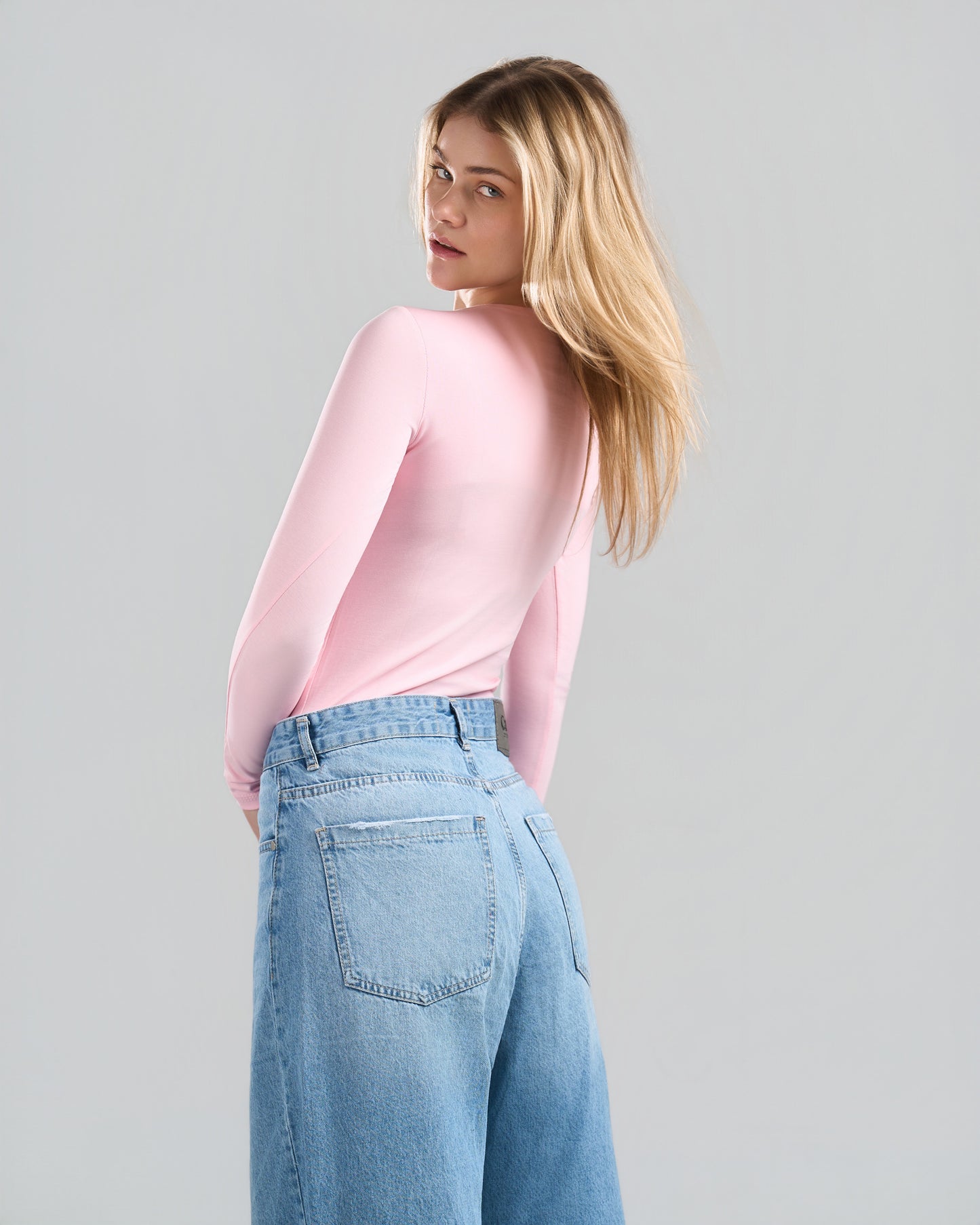Square Neck Long Sleeve Pink Top