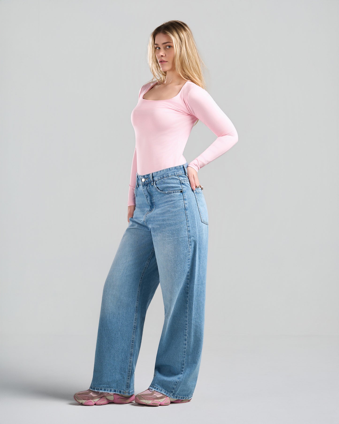 Square Neck Long Sleeve Pink Top