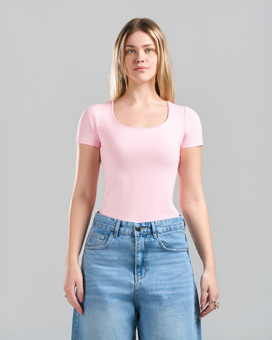 SquareNeck Short Sleeve Pink Top