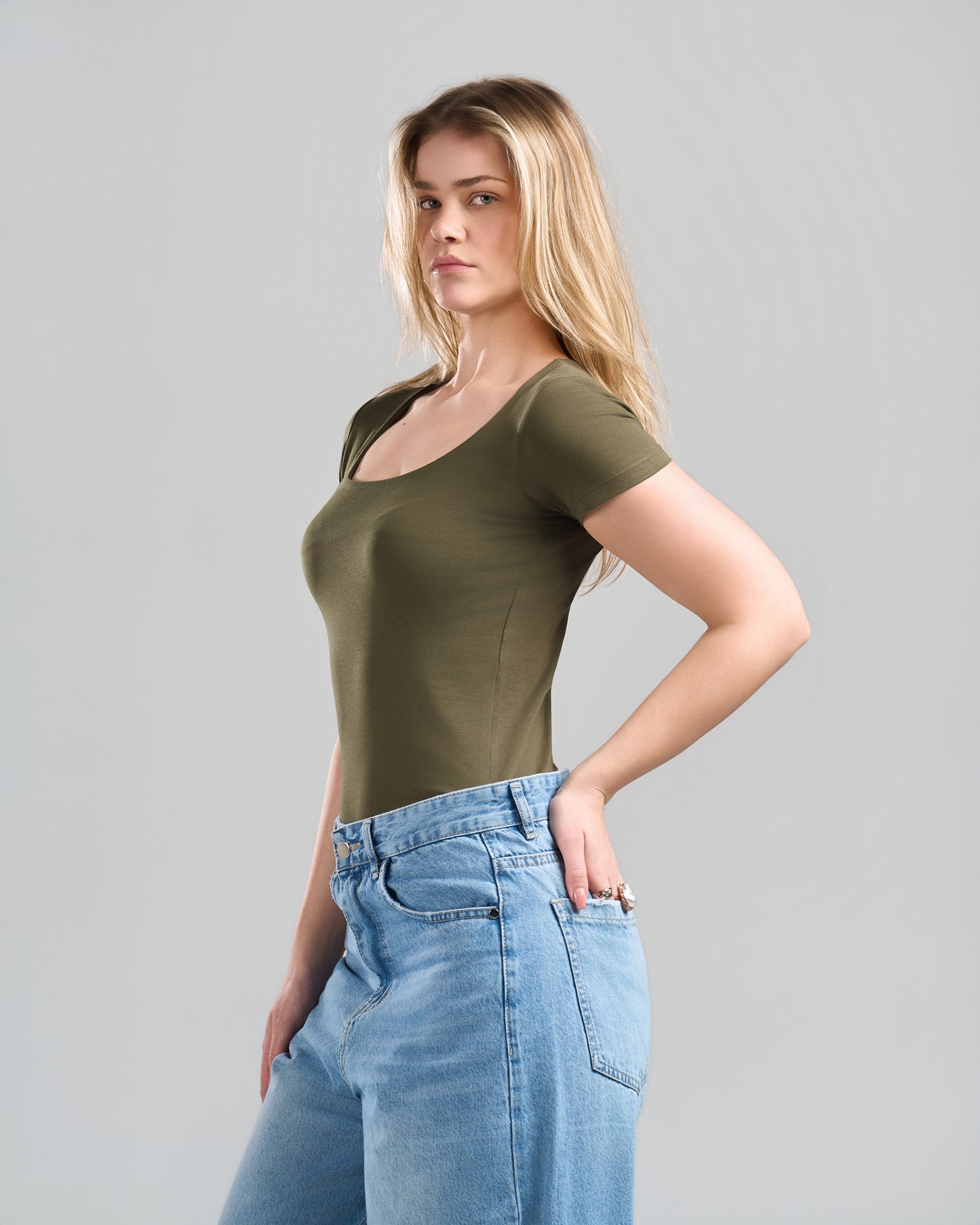 SquareNeck Short Sleeve OliveGreen Top