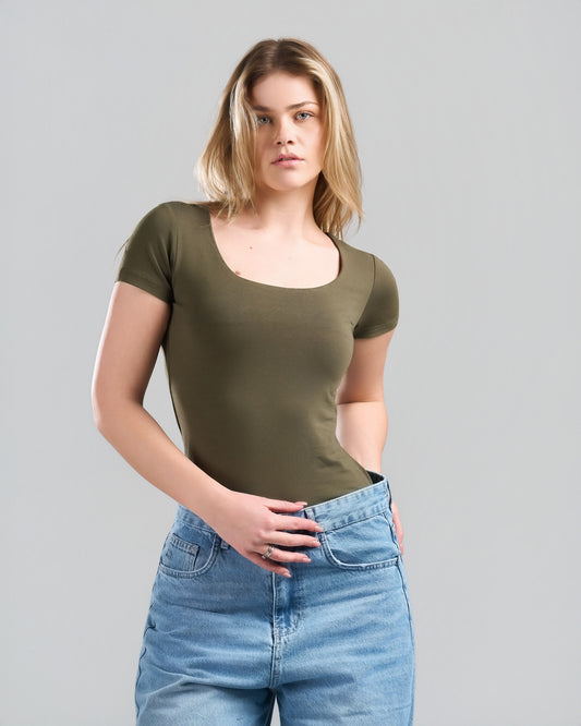 SquareNeck Short Sleeve OliveGreen Top