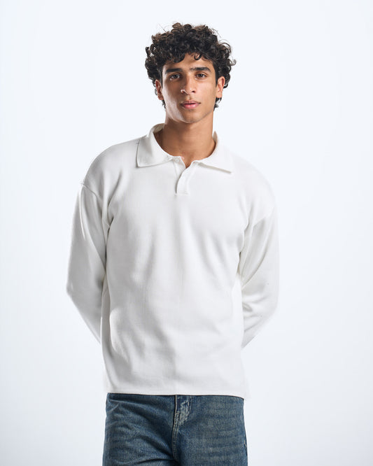 knitted white LS polo