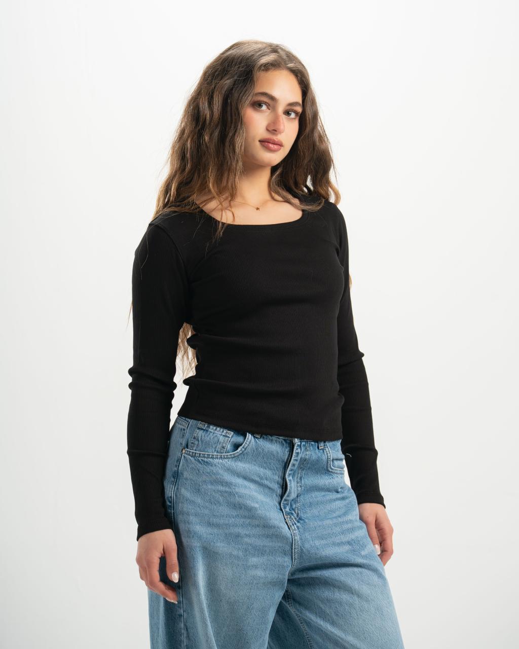 ribbed square neck black LS top