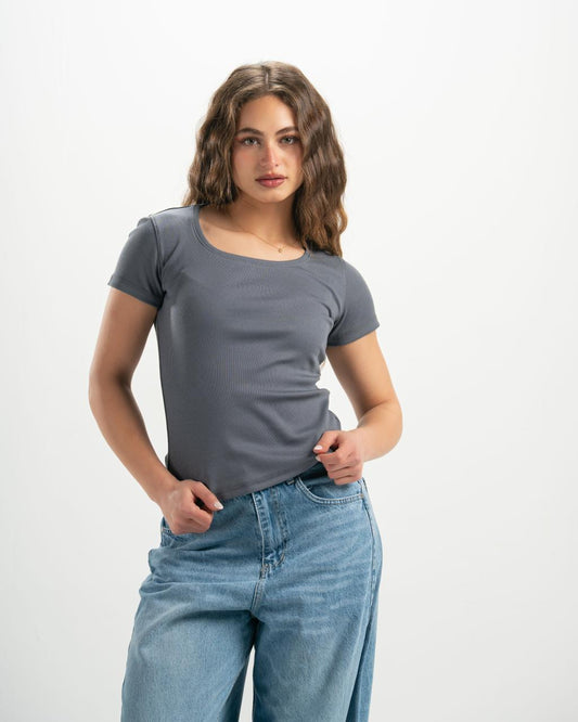 ribbed square neck grey SS top