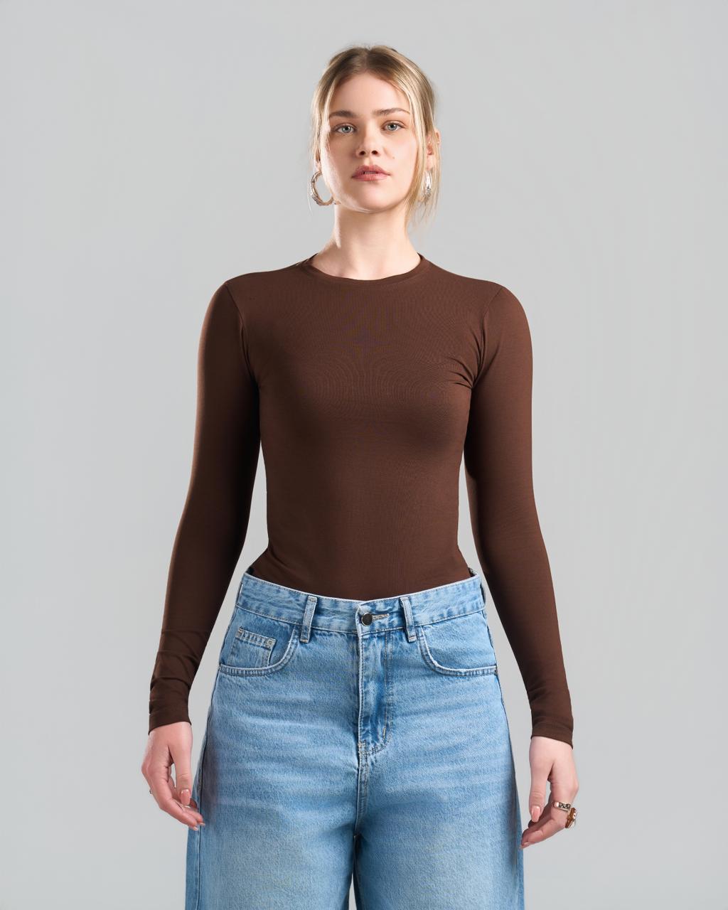 U-Neck Long Sleeve Brown Top