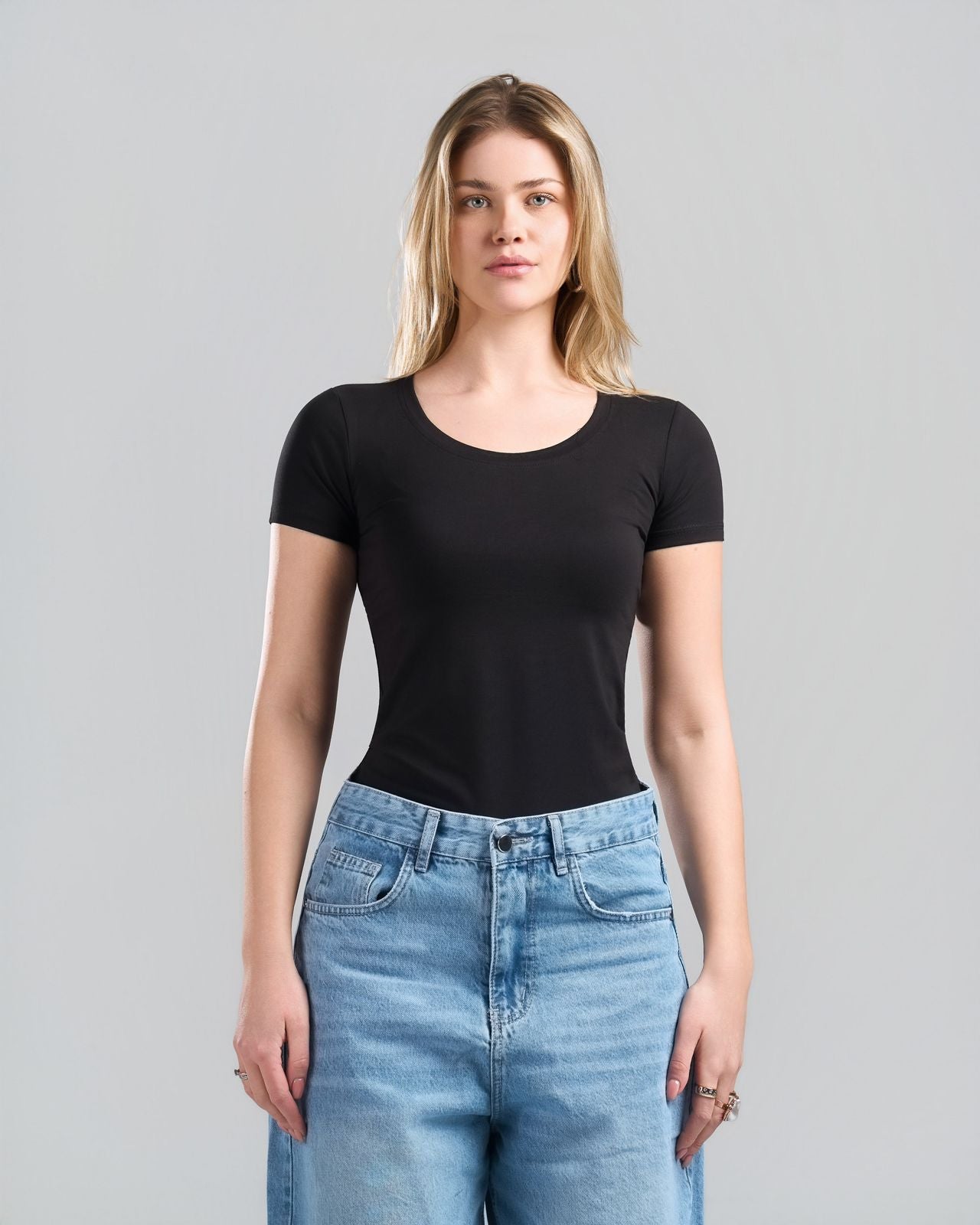Round Short Sleeve Black Top