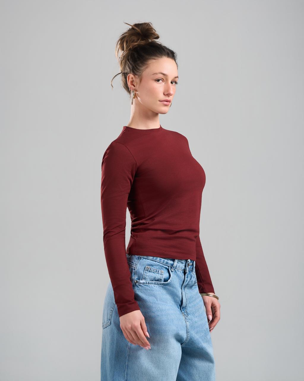 U-Neck Long Sleeve Burgundy Top