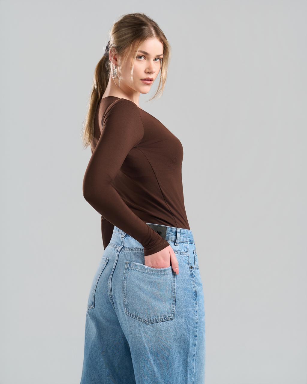 U-Neck Long Sleeve Brown Top
