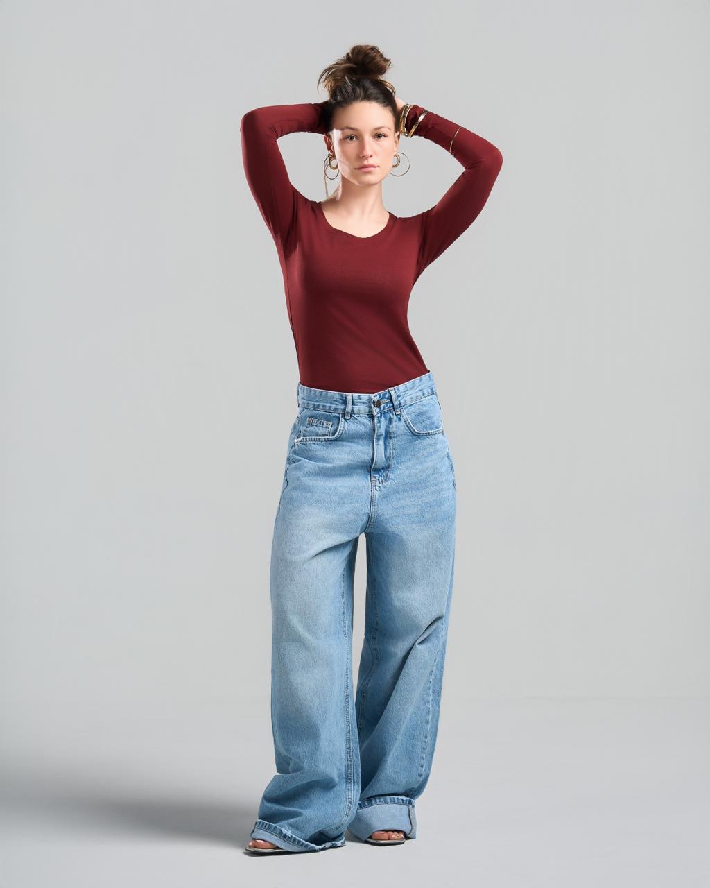 Round Long Sleeve Burgundy Top