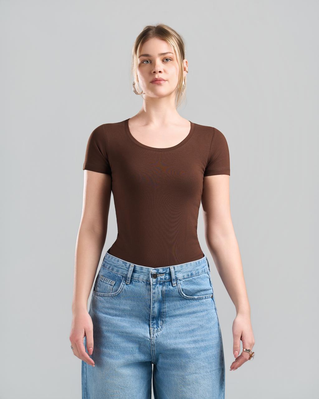 Round Short Sleeve Brown Top