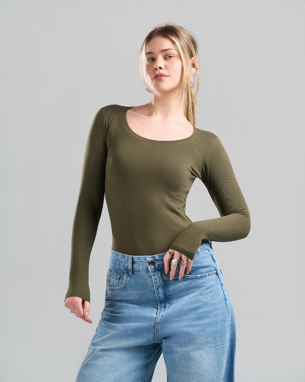 Round Long Sleeve OliveGreen Top